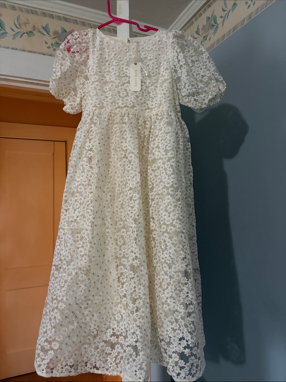 Cream Floral Lace Kids Dress with Puff Sleeves